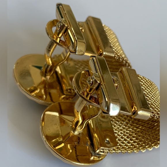 Vintage Gold Tone Mesh Wrap Cufflinks Watermelon Ravioli Rhinestone Nu Lok - Picture 7 of 12